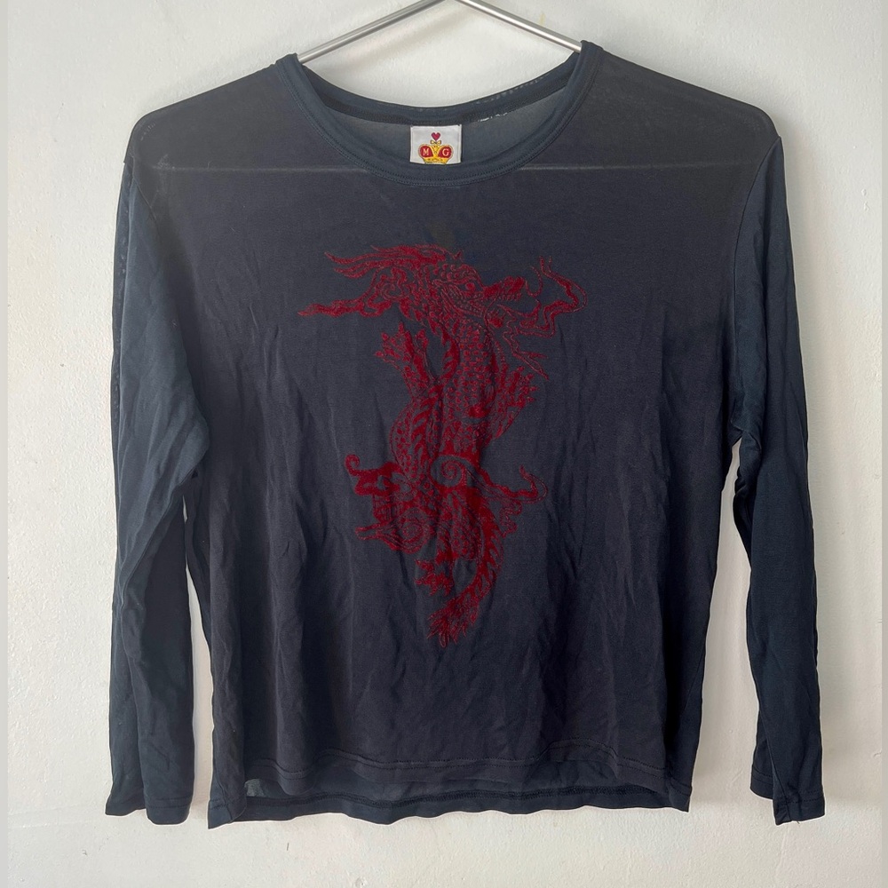 Vintage 90’s Mary Green Sheer Cropped Top with Red Velvet Dragon